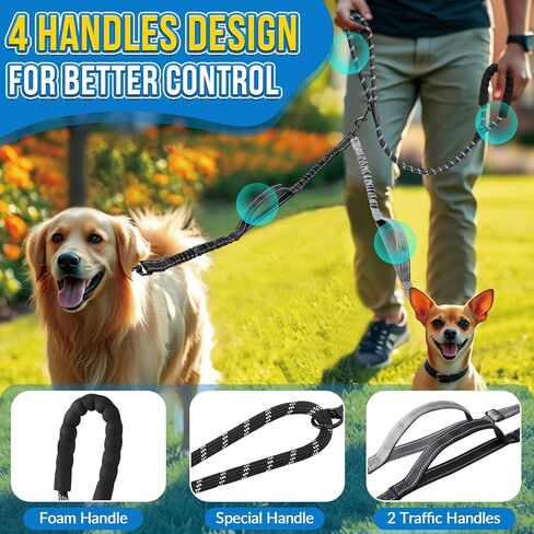 Double Leash for Two Dogs, No Tangle 360° Swivel Dual Dog Leashes with 4 Handles, Super Lightweight for Puppy, Reflective Adjustable Strap and Shock Absorbing Bungee in Kuwait