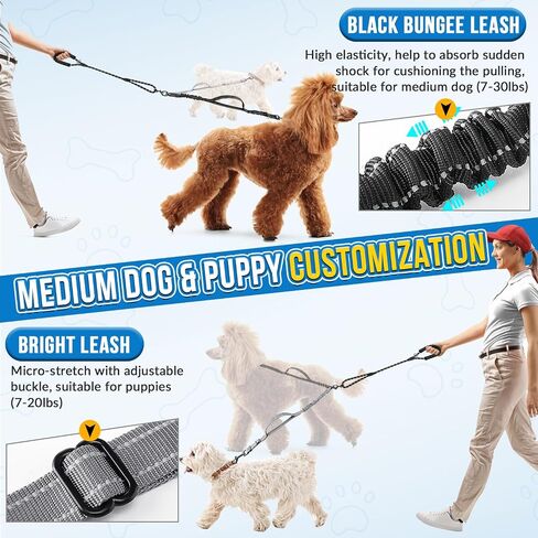 Double Leash for Two Dogs, No Tangle 360° Swivel Dual Dog Leashes with 4 Handles, Super Lightweight for Puppy, Reflective Adjustable Strap and Shock Absorbing Bungee in Kuwait