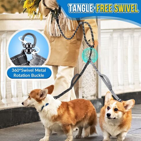 Double Leash for Two Dogs, No Tangle 360° Swivel Dual Dog Leashes with 4 Handles, Super Lightweight for Puppy, Reflective Adjustable Strap and Shock Absorbing Bungee in Kuwait