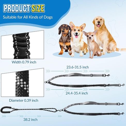 Double Leash for Two Dogs, No Tangle 360° Swivel Dual Dog Leashes with 4 Handles, Super Lightweight for Puppy, Reflective Adjustable Strap and Shock Absorbing Bungee in Kuwait
