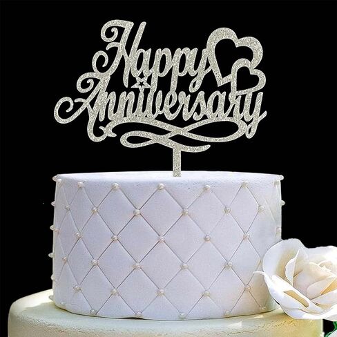 Happy Anniversary Cake Topper, Wedding Anniversary, Company Anniversary, Birthday Party Decorations,Silver Glitter Acrylic in Kuwait