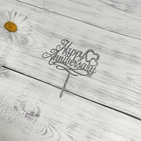 Happy Anniversary Cake Topper, Wedding Anniversary, Company Anniversary, Birthday Party Decorations,Silver Glitter Acrylic in Kuwait