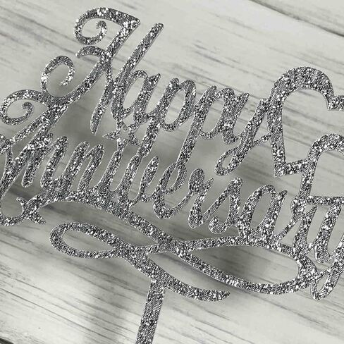 Happy Anniversary Cake Topper, Wedding Anniversary, Company Anniversary, Birthday Party Decorations,Silver Glitter Acrylic in Kuwait