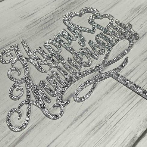 Happy Anniversary Cake Topper, Wedding Anniversary, Company Anniversary, Birthday Party Decorations,Silver Glitter Acrylic in Kuwait
