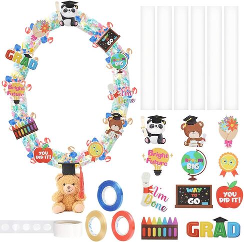 TKNOUS Mini Bear Graduation Candy Lei Making Kit, 6 PE Bags, 3 Ribbon, Grad Cutouts & Double-Sided Adhesive Dots - DIY Grad Stuffed Animal Candy Leis for Party Favors & Gifts (Brown) in Saudi Arabia