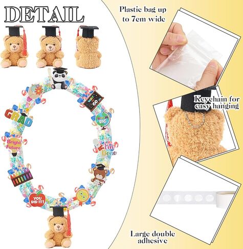 TKNOUS Mini Bear Graduation Candy Lei Making Kit, 6 PE Bags, 3 Ribbon, Grad Cutouts & Double-Sided Adhesive Dots - DIY Grad Stuffed Animal Candy Leis for Party Favors & Gifts (Brown) in Saudi Arabia