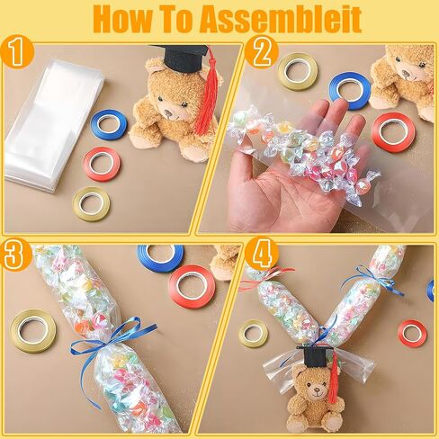 TKNOUS Mini Bear Graduation Candy Lei Making Kit, 6 PE Bags, 3 Ribbon, Grad Cutouts & Double-Sided Adhesive Dots - DIY Grad Stuffed Animal Candy Leis for Party Favors & Gifts (Brown) in Saudi Arabia