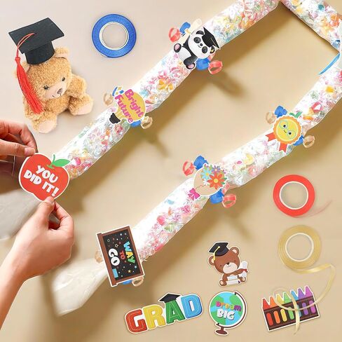 TKNOUS Mini Bear Graduation Candy Lei Making Kit, 6 PE Bags, 3 Ribbon, Grad Cutouts & Double-Sided Adhesive Dots - DIY Grad Stuffed Animal Candy Leis for Party Favors & Gifts (Brown) in Saudi Arabia