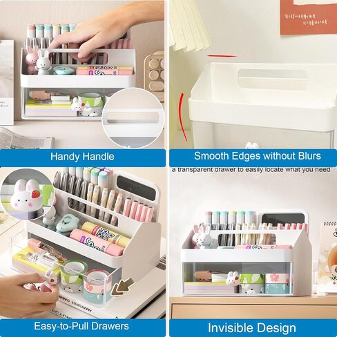 Marte Vanci Desk Organizer with 3 Drawers, Cute Desktop Stationery Organizer, Plastic Makeup Storage Box, Multifunctional Desk Accessories Tidy Caddy for Art Supplies Crafts Pink in Saudi Arabia