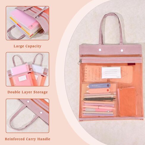 2-Pack Mesh Zipper Pouch Bags with Handles, Double-Layer Nylon Document Bag with Label Pocket, File Storage Pouches for Office Supplies School Travel (Khaki) in Kuwait