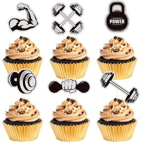 Gym Workout Cupcake Toppers, Glitter Biceps Dumbbells Kettlebells Abodominal Wheels Bodybuilding Cupcake Picks，Fitness Themed Birthday Party Cake Decorations Supplies.18 Pcs