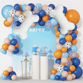 117pcs لوازم حفلة عيد ميلاد زرقاء ، وبالونات الكلب البيضاء القوس للبنات استحمام الطفل والفتيان الأزرق موضوع عيد ميلاد سعيد البالونات إكليل أدوات إكليل