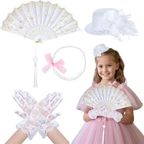 Sucrain 4Pcs Tea Party Supplies Set Include Gloves Hats Necklace Fans for Costume (White)