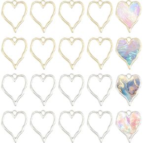 CHGCRAFT 20Pcs 2 Colors Heart Open Back Bezel Charms Pendants Zinc Alloy Pendants Bezel Blank Trays Geometric Hollow Frame Charms For DIY UV Resin Epoxy Resin Pressed Flower Jewelry Golden Silver