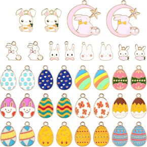36pcs Easter Charms, 18 Styles Colorful Easter Egg Bunny Rabbit Carrot Pendant Charms Enamel Easter Charms for Jewelry Making Necklace Bracelet DIY Crafts