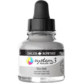 Daler-Rowney System3 Acrylic Ink Bottle Silver Imit 29.5ml - Versatile Acrylic Ink for Artists and Students - Opaque Calligraphy Ink for Drawing Illustrating Airbrushing Dip Pen Ink and More