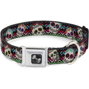 Dog Collar Seatbelt Buckle Sugar Skulls Zarape Multi Color 11 to 17 Inches 1.0 Inch Wide, DC-W34561-M