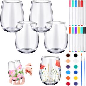 Pickmesh 4 Set Paint Your Own Wine Glass Draw Wine Glass Draw 12 Pcs DIY Markers 12 Colors Acrylic Paint with Brushes to Design Your Own Personalized Craft(High Feet)