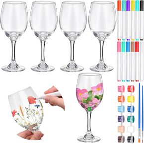 Pickmesh 4 مجموعة الطلاء الخاص بك من الزجاج النبيذ الخاص بك رسم زجاج نبيذ رسم 12 pcs علامات DIY 12 ألوان الطلاء الأكريلي
