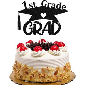 1st Grade Grad Cake Topper, Out First Grade Graduate Party Decorations for Kids Boys Girls Black Glitter