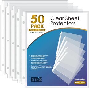 KTRIO Sheet Protector for 3 Ring Binder, Plastic Sleeves for Paper 8.5 x 11 inch, Clear Page Protectors Non Glare, Letter Size, Top Loading, 50 Pack
