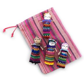 Set of 4 Guatemalan Handmade Worry Dolls with a Colourful Crafted Storage Bag