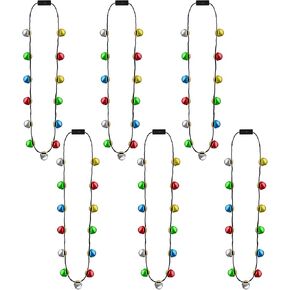 Glowing Christmas Jingle Bells Necklace - 6 Pack with 13 Bells, 3 Modes for Kids & Adults, Ugly Sweater Party Accessory