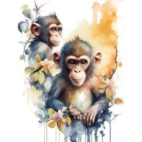 QAZWSX Monkey Diamond Painting Kits, Watercolor Monkey Full Round Drill Adults Beginners DIY 5D Art Painting for Interior Decoration Home Wall Decor Gifts 12x16 inch