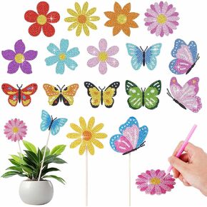 ACRNIGHEET 14 Pcs Butterfly Diamond Art Kits for Adults Flower Garden Stakes Diamond Art for Adults 5D DIY Butterflies Diamond Painting Ornaments for Indoor Outdoor Garden Yard Decor