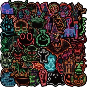 50 Pcs Horror Neon Stickers Killer Movie Neon Stickers, Halloween Waterproof Vinyl Stickers for Horror Party Favors, Horror Movie Neon Stickers for Water Bottle, Laptop, Skateboard, Luggage