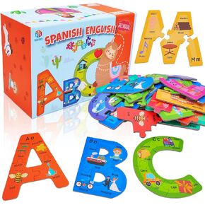 Bilingual Spanish English Alphabet ABC Puzzle Jigsaw for Toddlers, Age 5+, Montessori Preschool Kindergarten ABC Sight Words Letter Puzzle 27 Letters Double-Sided with Gift Box