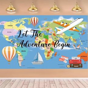 Let The Adventure Begin Backdrop Banner with 70.8"X43.3", Adventure Awaits Bon Voyage World Map Travel Photography Background for Baby Shower Birthday Graduation Party Decoration