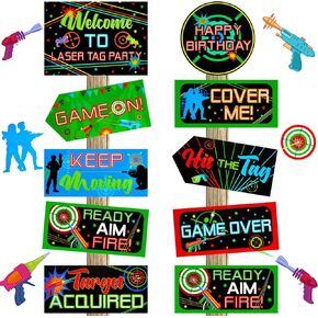 20 Pieces Laser Tag Party Decorations Signs Laser Tag Laminated Signs Laser Tag Party Favors for Boys Wall Decorations Birthday Party Neon Glow Party Photography Banner Photo Booth Props