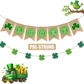 Lucky Banner, 2 Pcs St. Patricks Day Decorations Canvas Pennant Bunting and Felt Shamrock Wood Bead Garland for Mantel Home Office Classroom Indoor Outdoor Vintage Irish Lucky Day Party Hanging Decor