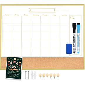 Whiteboard Calendar & Corkboard, 17" x 13" Dry Erase White Board & Bulletin Board, Gold Aluminum Frame Calendar/Cork Combo Board(ZHYL-Gold-3343-B+1)