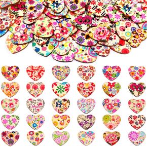 100pcs 25mm Heart Wooden Buttons 2 Holes Mixed Colors Flower Pattern Printed Heart Buttons Wood Decorative Button for Sewing Scrapbooking DIY Handmade Crafts Projects