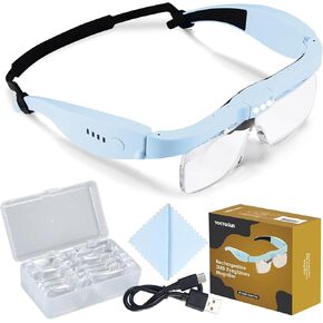 YOCTOSUN Magnifying Glasses with 3 LED Lights, Magnifying Headset with 5 Detachable Lenses 0.75X,1.25X,2.0X,3.0X and 4.0X, Headband Magnifier for Close Work, Hobby Crafts