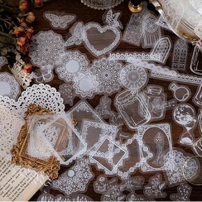 180 Pcs Transparent Lace Stickers,PET Vintage Decorative DIY Decals White Retro Aesthetic Journaling Crafts Supplies for Handmade Scrapbooking Planner Album Diary Photo Frames Notebook