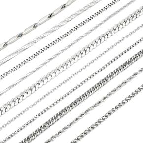 NEWITIN 10 Pieces Stainless Steel Chain Necklaces for Men Silver Tone Necklace Women Necklace Set Snake Chain Cuban Chain Rope Chain Tone Box Chain for Jewelry Making