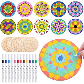 22 Pcs Wooden Mandala Painting Set 10 Mandala Unfinished Wood Cutouts with 12 Markers for Crafts Mandala Wood Slices for Adults Painting, DIY Crafts Tags Wedding Home Decors