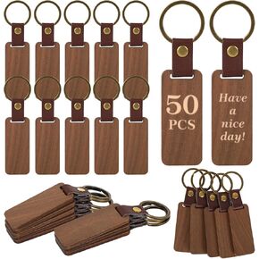 50Pcs Blank Wooden Keychains Unfinished Leather Bulk Rectangle Wood Keychains for Laser Engraving DIY Crafts Key Tags Gift