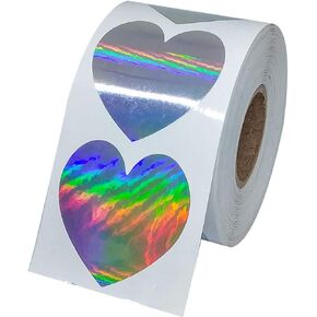 YOUOK Metallic Silver Heart Stickers - 2inch Foil Hearts Shape Adhesive Labels with Reflective Waterproof - Scrapbooking Party Favors (Laser Stickers,500 Per Roll)