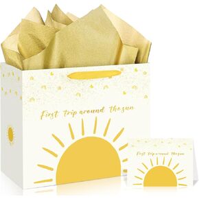 Baby 1st Birthday Gift Bag First Trip Around The Sun Gift Bag with Greeting Card Tissue Papers Boho Sun Rainbow Wrapping Paper Bag for Newborn Baby Shower Christmas Gifts Birthday Party Supplies