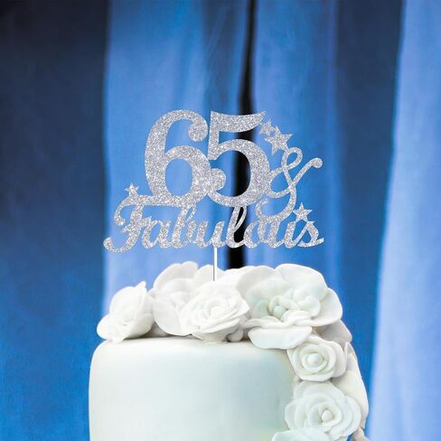 65 & Fabulous Cake Toppers Glitter Silver Glitter ، Happy 65 Birthday Cake Topper Heaits to 65 year bay decoration ، و 5 وستون وأزخرفة كعكة رائعة لـ 65 حفلة عيد ميلاد in Kuwait