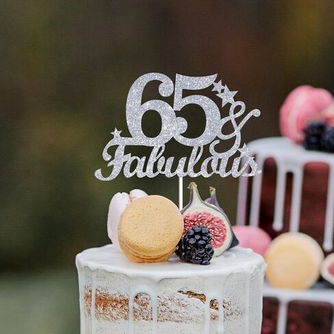 65 & Fabulous Cake Toppers Glitter Silver Glitter ، Happy 65 Birthday Cake Topper Heaits to 65 year bay decoration ، و 5 وستون وأزخرفة كعكة رائعة لـ 65 حفلة عيد ميلاد in Kuwait