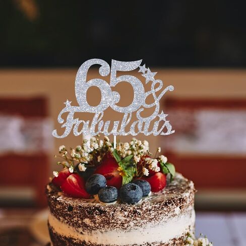 65 & Fabulous Cake Toppers Glitter Silver Glitter ، Happy 65 Birthday Cake Topper Heaits to 65 year bay decoration ، و 5 وستون وأزخرفة كعكة رائعة لـ 65 حفلة عيد ميلاد in Kuwait