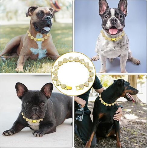 Dog Chain Collar, Heart Style Bling Diamond Cuban Link Dog Collars Glitter Chain Rhinestone Puppy Necklace for for XXS XS Small Medium Pet Dogs Cats (Gold, 8 Inch) in Kuwait
