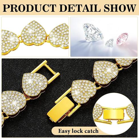 Dog Chain Collar, Heart Style Bling Diamond Cuban Link Dog Collars Glitter Chain Rhinestone Puppy Necklace for for XXS XS Small Medium Pet Dogs Cats (Gold, 8 Inch) in Kuwait