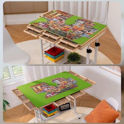 Tektalk 2000 Piece Foldable Puzzle Board with Height Adjustment, Jigsaw Puzzle Table with 2 Felt Cover & 8 Sorting Trays/Drawers, Puzzle Easel with Legs, Enclosed with 4 Roller Wheels (Black) in Kuwait