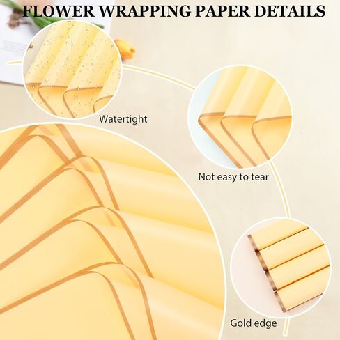 Srapwati 20 Sheets Gold Edge Flower Wrapping Paper, Yellow Bouquet Wrapping Paper Waterproof Floral Wrapping Paper, Florist Bouquet Supplies, DIY Floral Paper for Flower Shop Wedding in Saudi Arabia